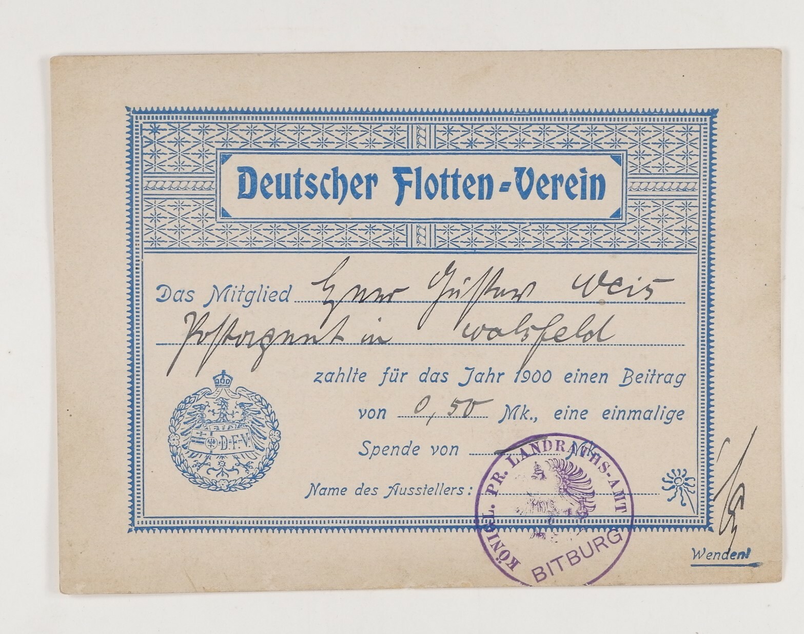 Mitgliedskarte Deutscher Flotten-Verein (1900) (Volkskunde- und Freilichtmuseum Roscheider Hof CC0)