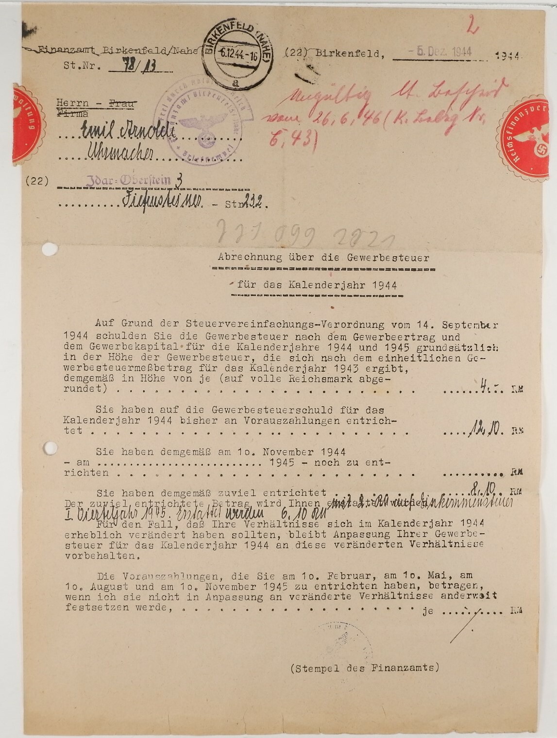 Abrechnung der Gewerbesteuer für das Kalenderjahr 1944 (Volkskunde- und Freilichtmuseum Roscheider Hof CC0)