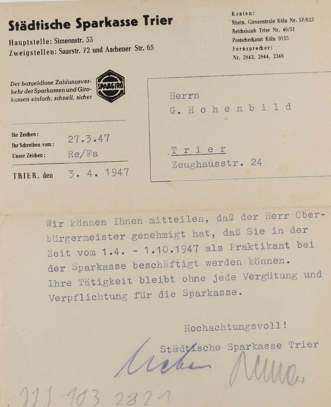 Bestätigung eines Praktikums bei der Sparkasse Trier 1947 (Volkskunde- und Freilichtmuseum Roscheider Hof CC0)