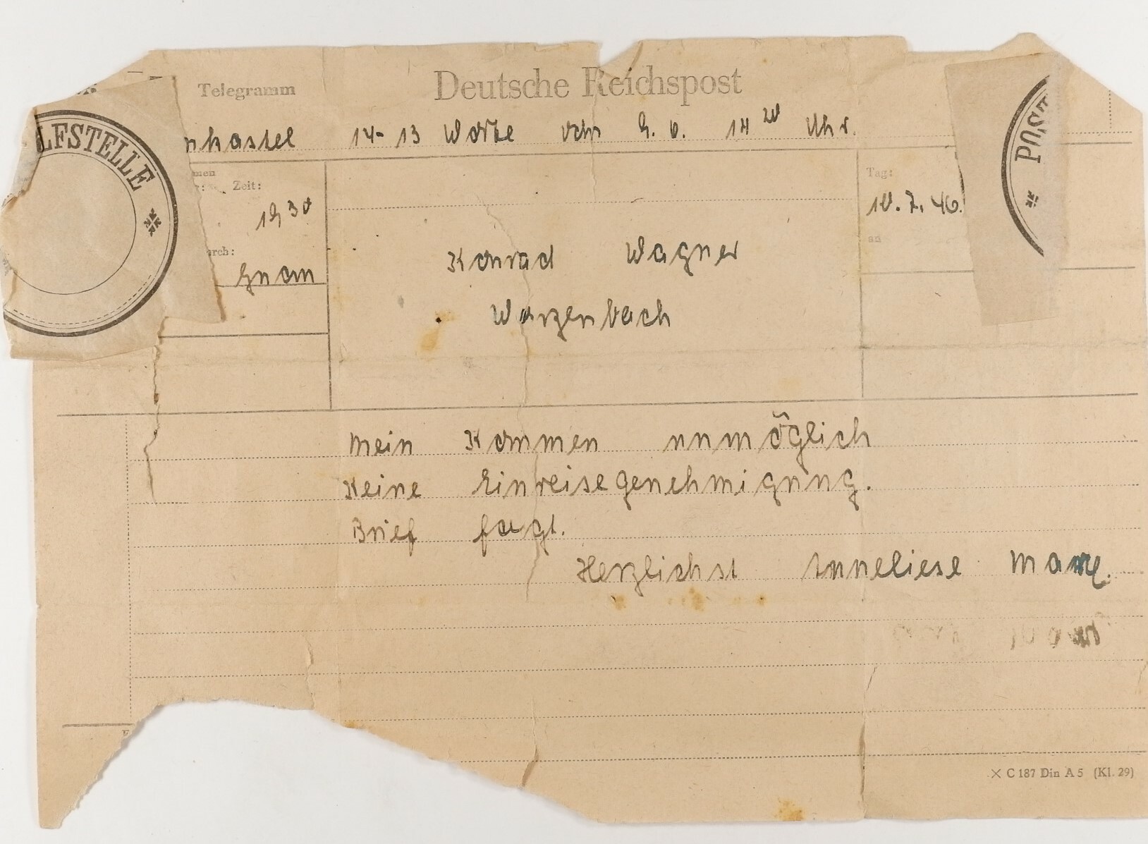 Telegramm vom 10. Juli 1946 (Volkskunde- und Freilichtmuseum Roscheider Hof CC0)