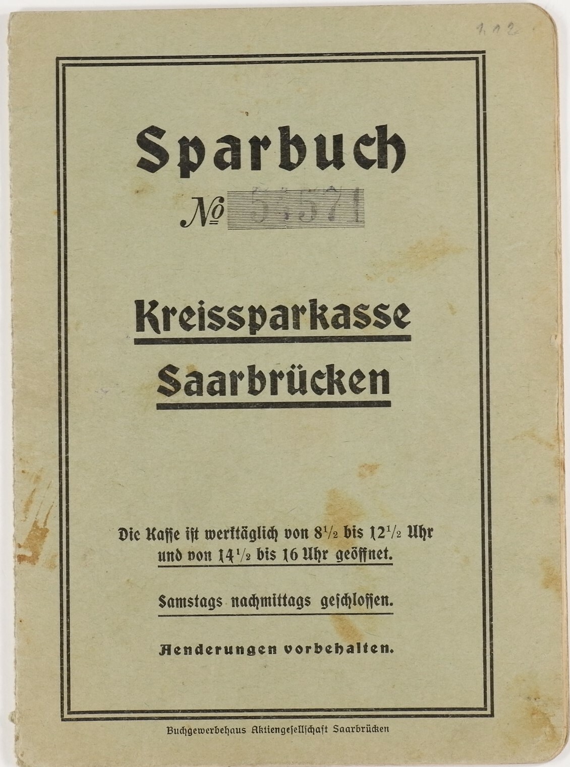 Sparbuch Kreissparkasse Saarbrücken (1940) (Volkskunde- und Freilichtmuseum Roscheider Hof CC0)