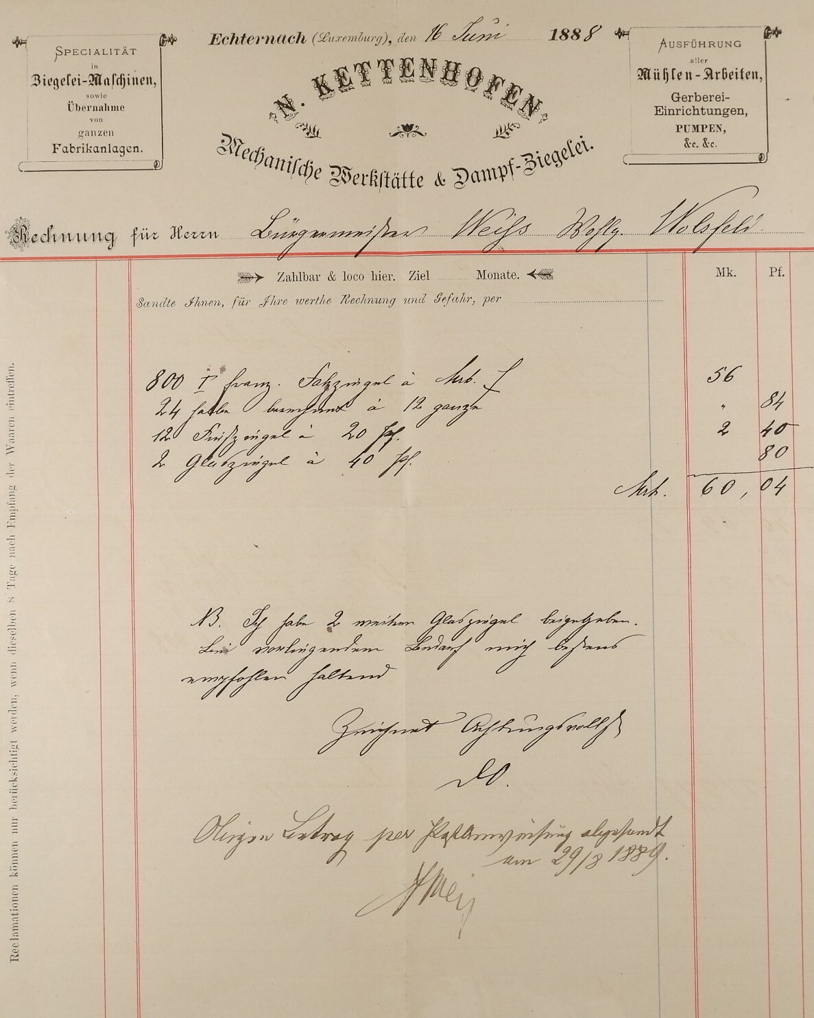 Rechnung vom 16. Juni 1888 aus Echternach (Volkskunde- und Freilichtmuseum Roscheider Hof CC0)