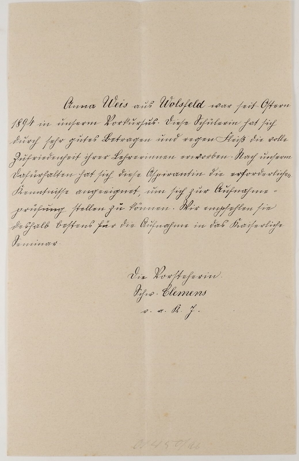 Empfehlungsschreiben für Anna Weiss aus Wolsfeld 1894 (Volkskunde- und Freilichtmuseum Roscheider Hof CC0)