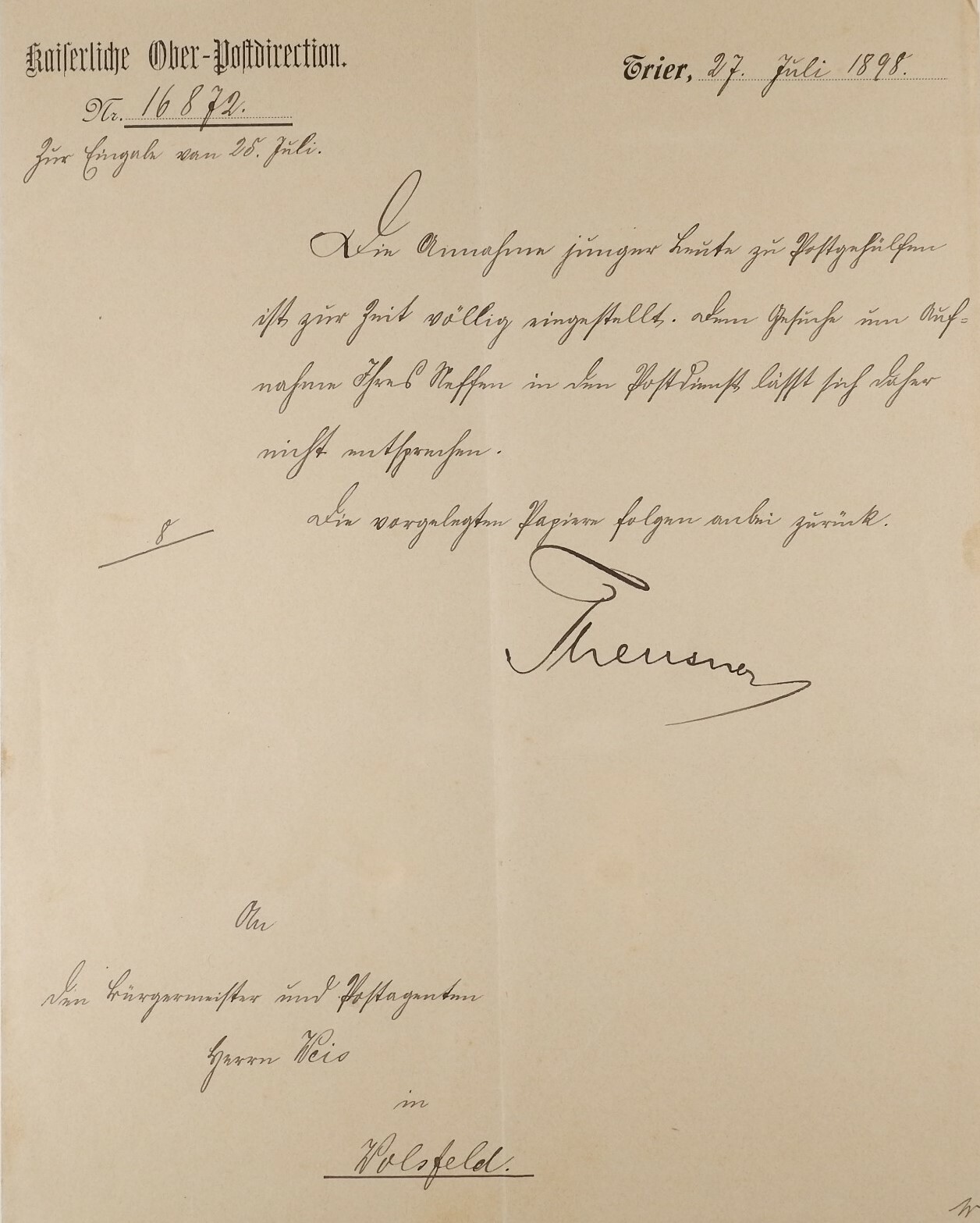 Schreiben vom 27. Juli 1898 (Volkskunde- und Freilichtmuseum Roscheider Hof CC0)