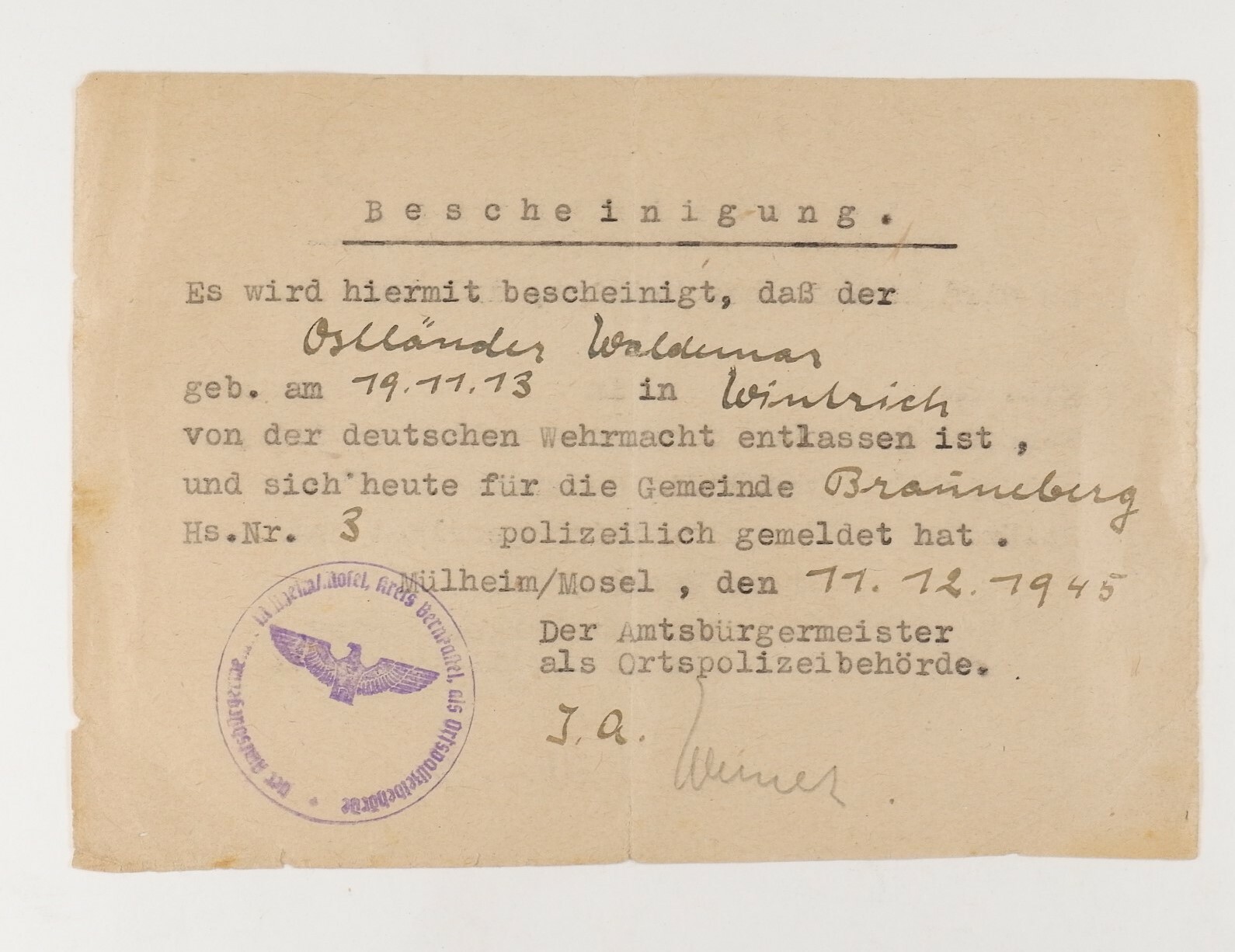 Entlassungsbescheinigung Wehrmacht (Volkskunde- und Freilichtmuseum Roscheider Hof CC0)