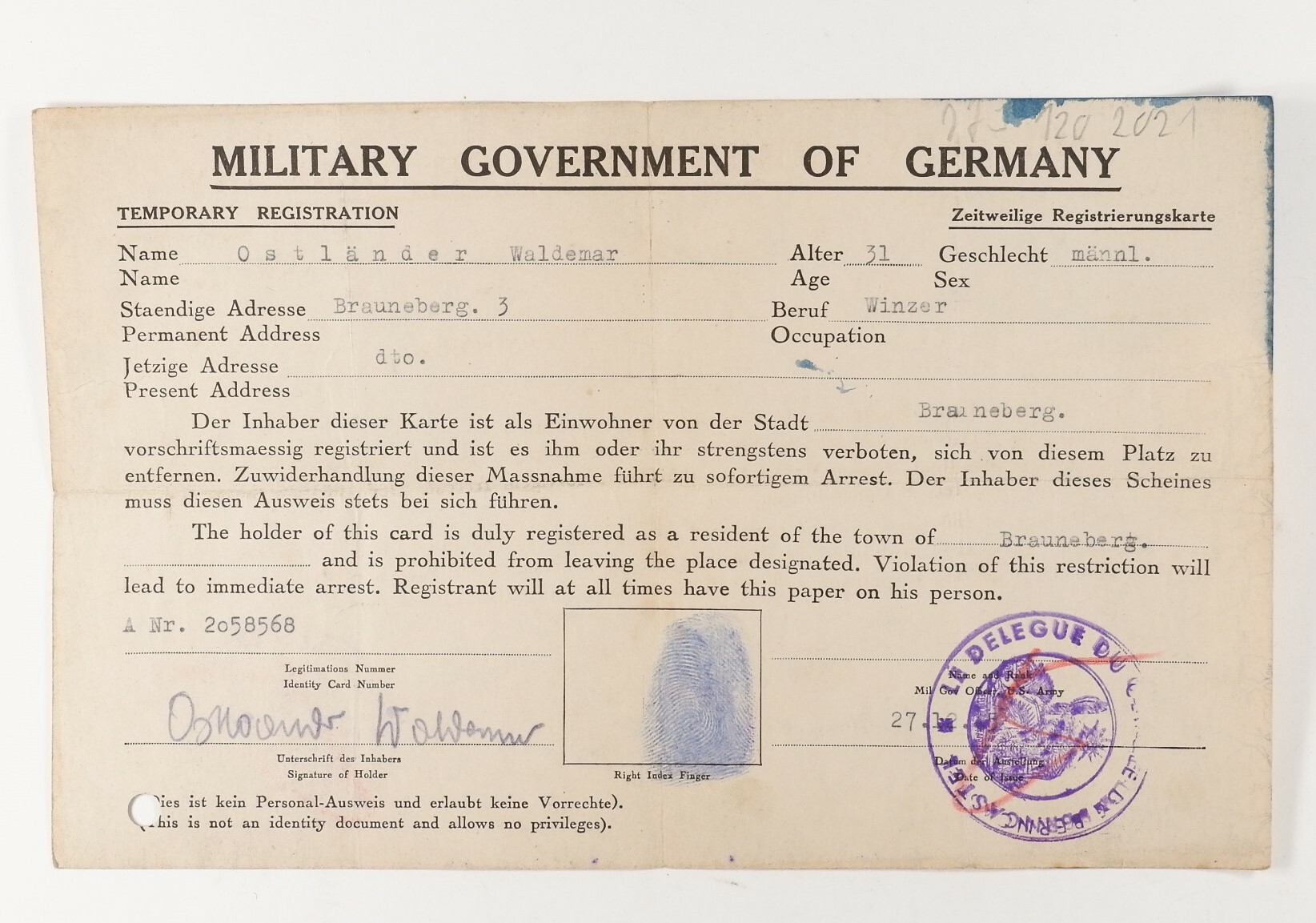 Zeitweilige Regestrierungskarte der Militärregierung der Alliierten (Volkskunde- und Freilichtmuseum Roscheider Hof CC0)