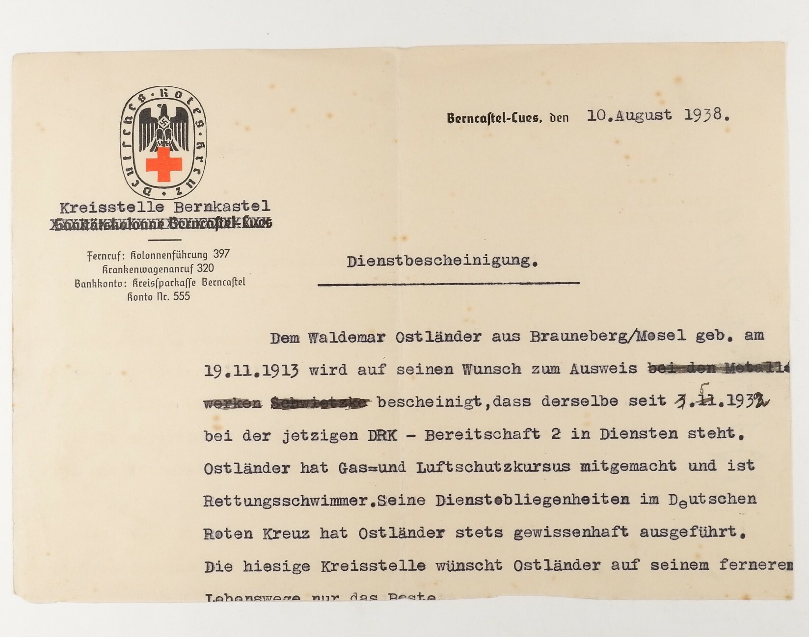 Dienstbescheinigung des Roten Kreuz vom 10. August 1938 (Volkskunde- und Freilichtmuseum Roscheider Hof CC0)