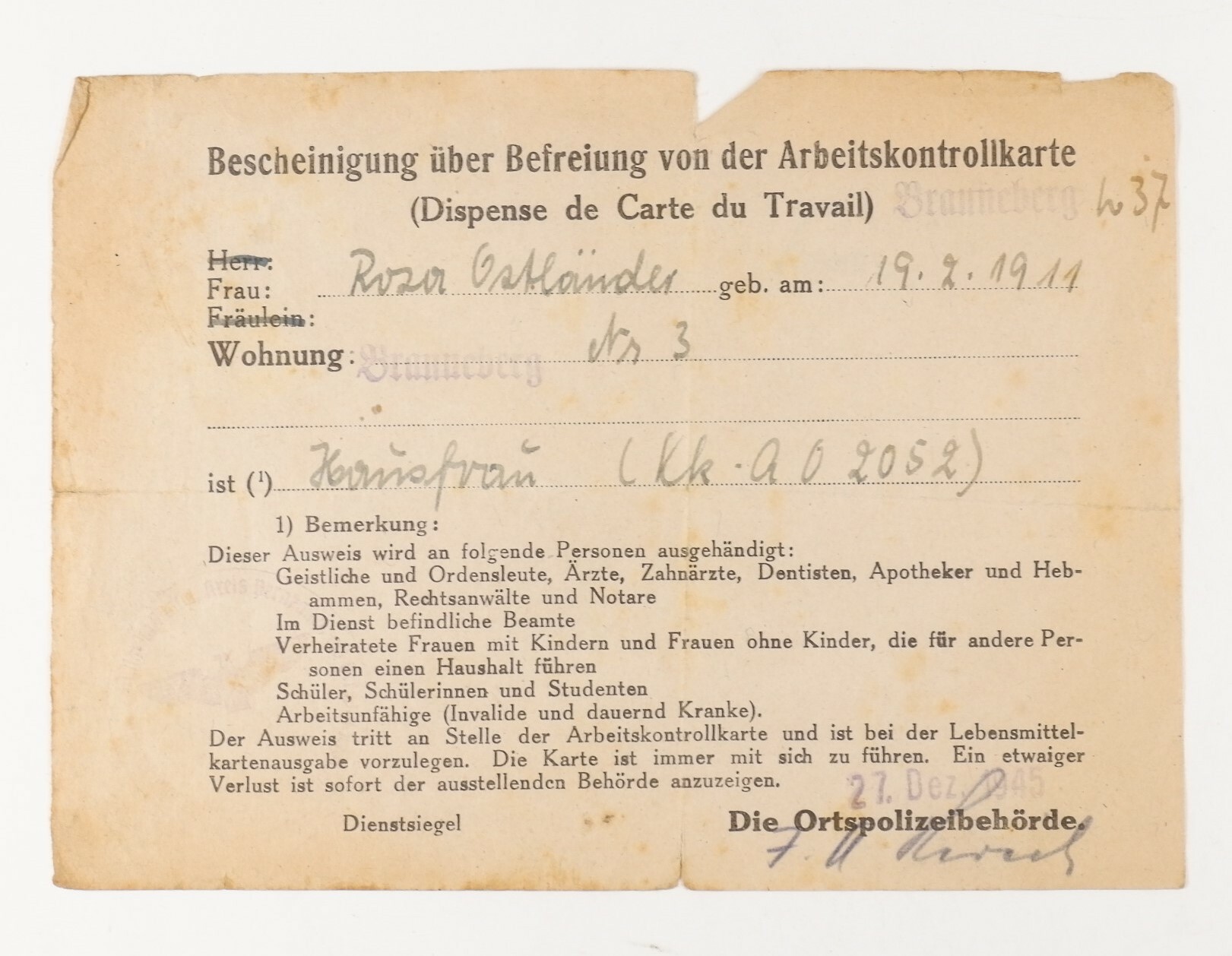 Bescheinigung über Befreiung von der Arbeitskontrollkarte (Volkskunde- und Freilichtmuseum Roscheider Hof CC0)