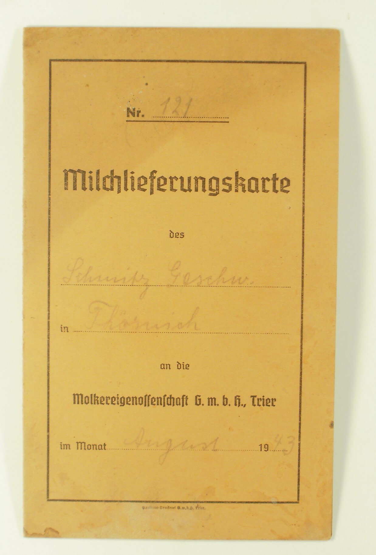 Milchlieferungskarte Augus 1943 (Volkskunde- und Freilichtmuseum Roscheider Hof CC0)
