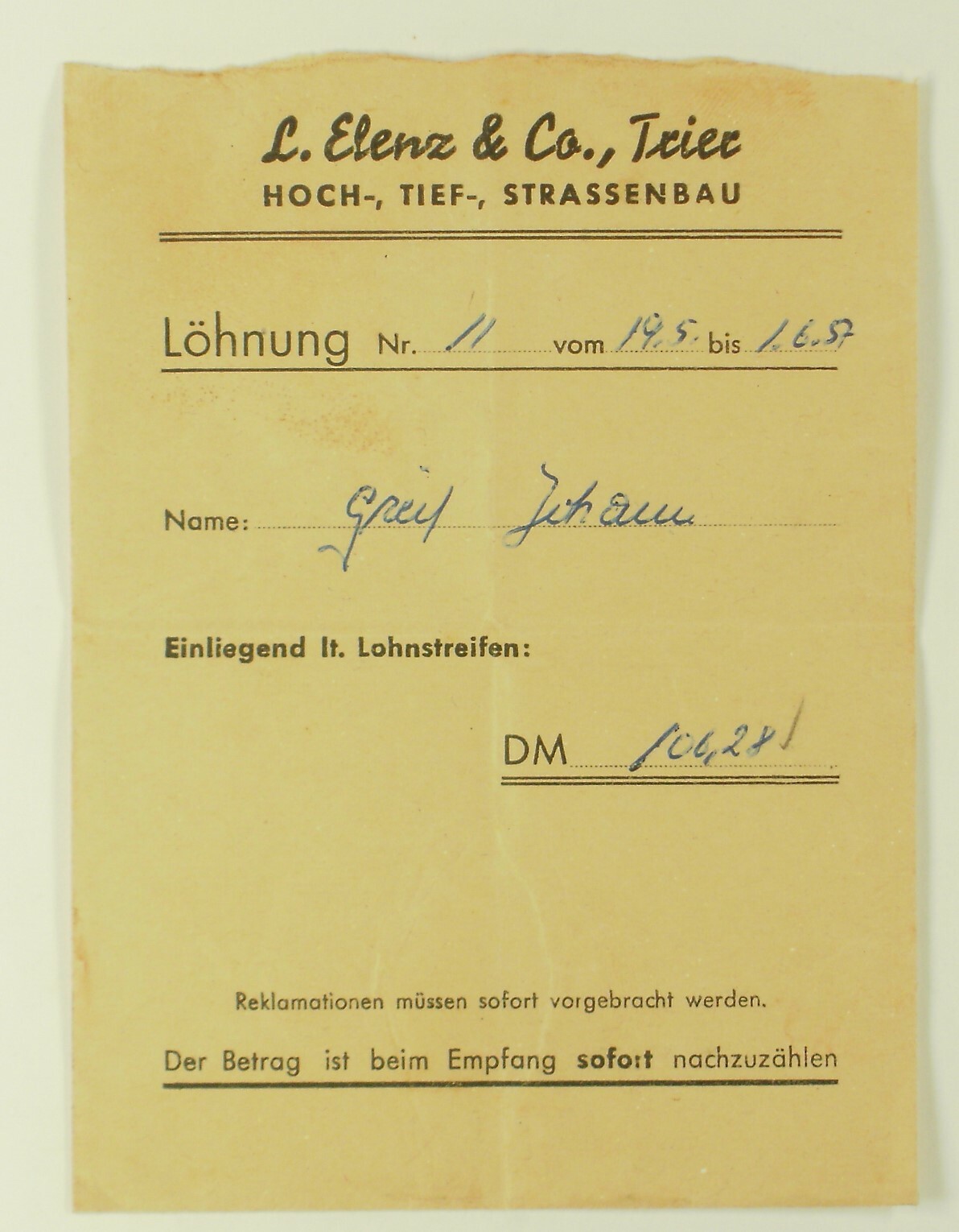Sammlung: Umschläge für Löhne aus dem Jahr 1957 (Volkskunde- und Freilichtmuseum Roscheider Hof CC0)