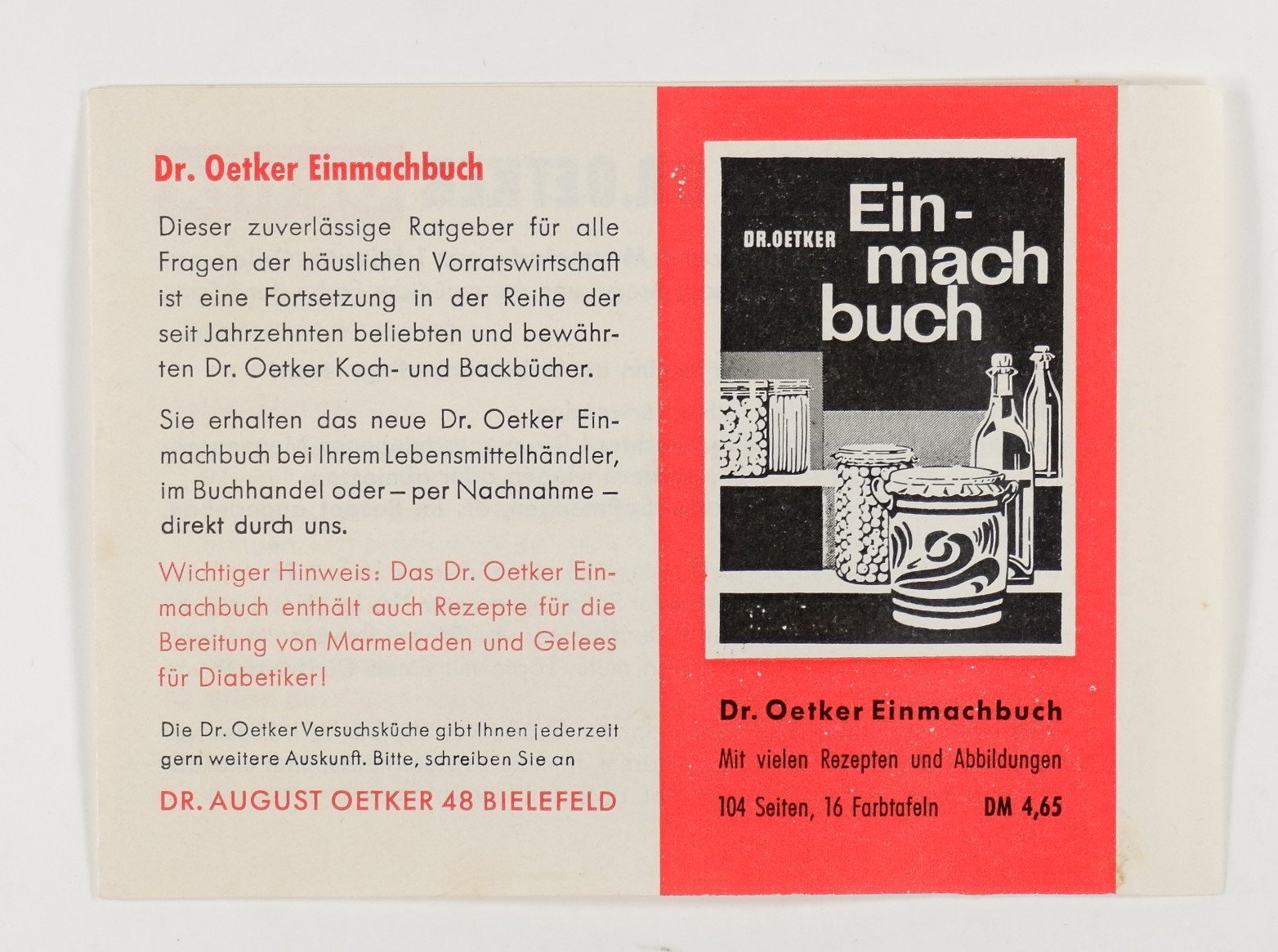 Werbung für das Dr. Oetker Einmachbuch (Volkskunde- und Freilichtmuseum Roscheider Hof RR-F)