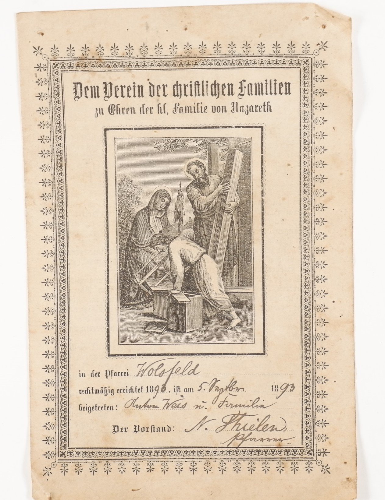 Mitgliedskarte des Anton Weis für den Verein der christlichen Familien (Volkskunde- und Freilichtmuseum Roscheider Hof RR-F)