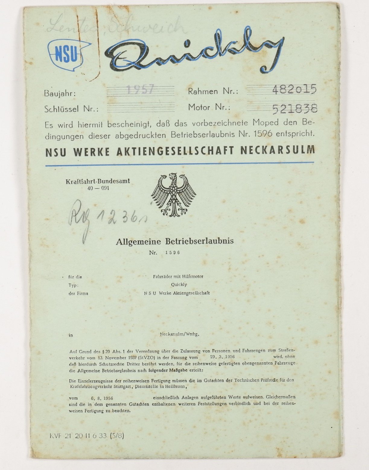 NSU Quickly - Betriebserlaubnis (Volkskunde- und Freilichtmuseum Roscheider Hof CC0)