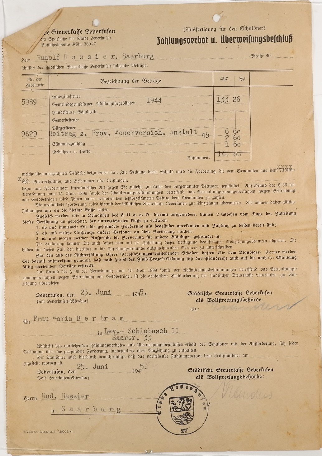 Zahlungsverbot und Überweisungsbeschluss der Städtischen Steuerkasse an Rudolf Rassier (Volkskunde- und Freilichtmuseum Roscheider Hof CC0)