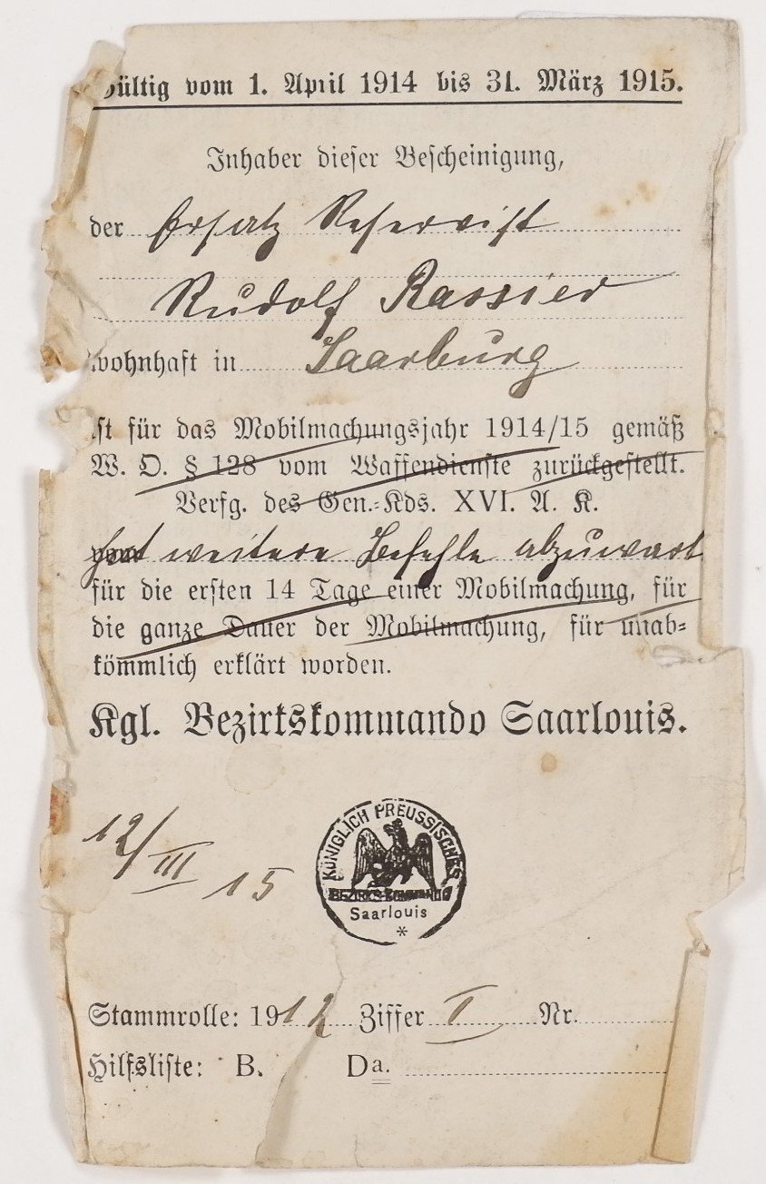 Reservistenbescheinigung für Rudolf Rassier von 1914 (Volkskunde- und Freilichtmuseum Roscheider Hof CC0)