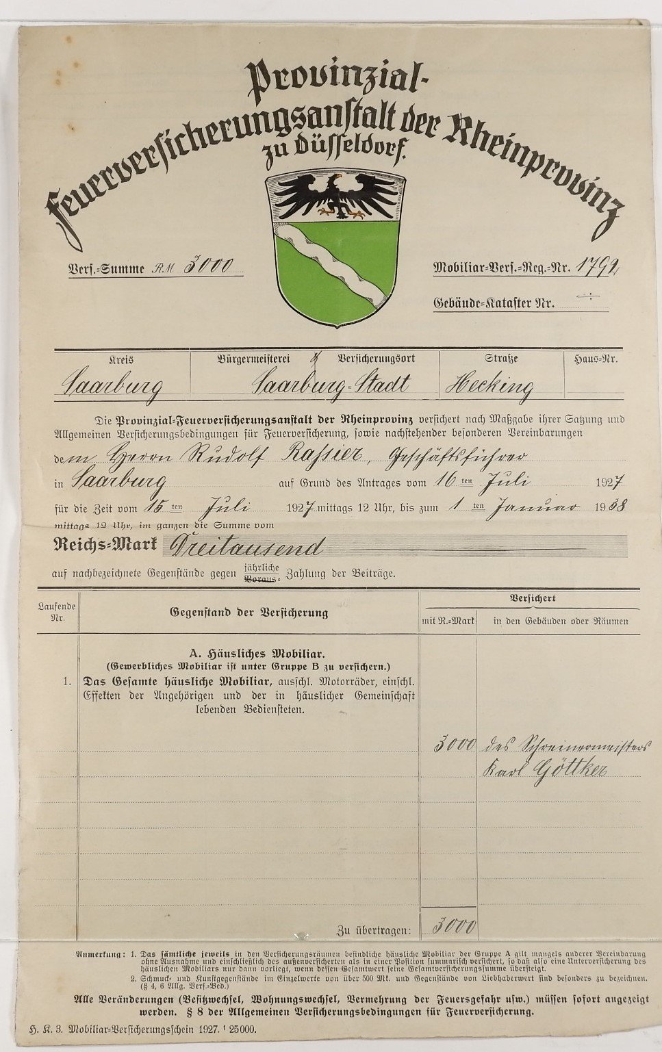 Vertrag der Provinzial-Feuerversicherungsanstalt der Rheinprovinz (Volkskunde- und Freilichtmuseum Roscheider Hof CC0)