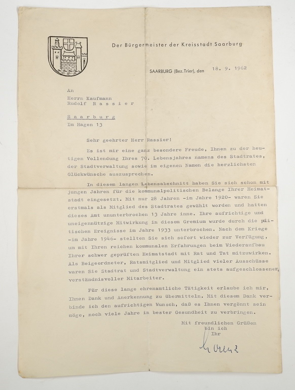 Brief des Saarburger Bürgermeisters an Rudolf Rassier (1962) (Volkskunde- und Freilichtmuseum Roscheider Hof CC0)