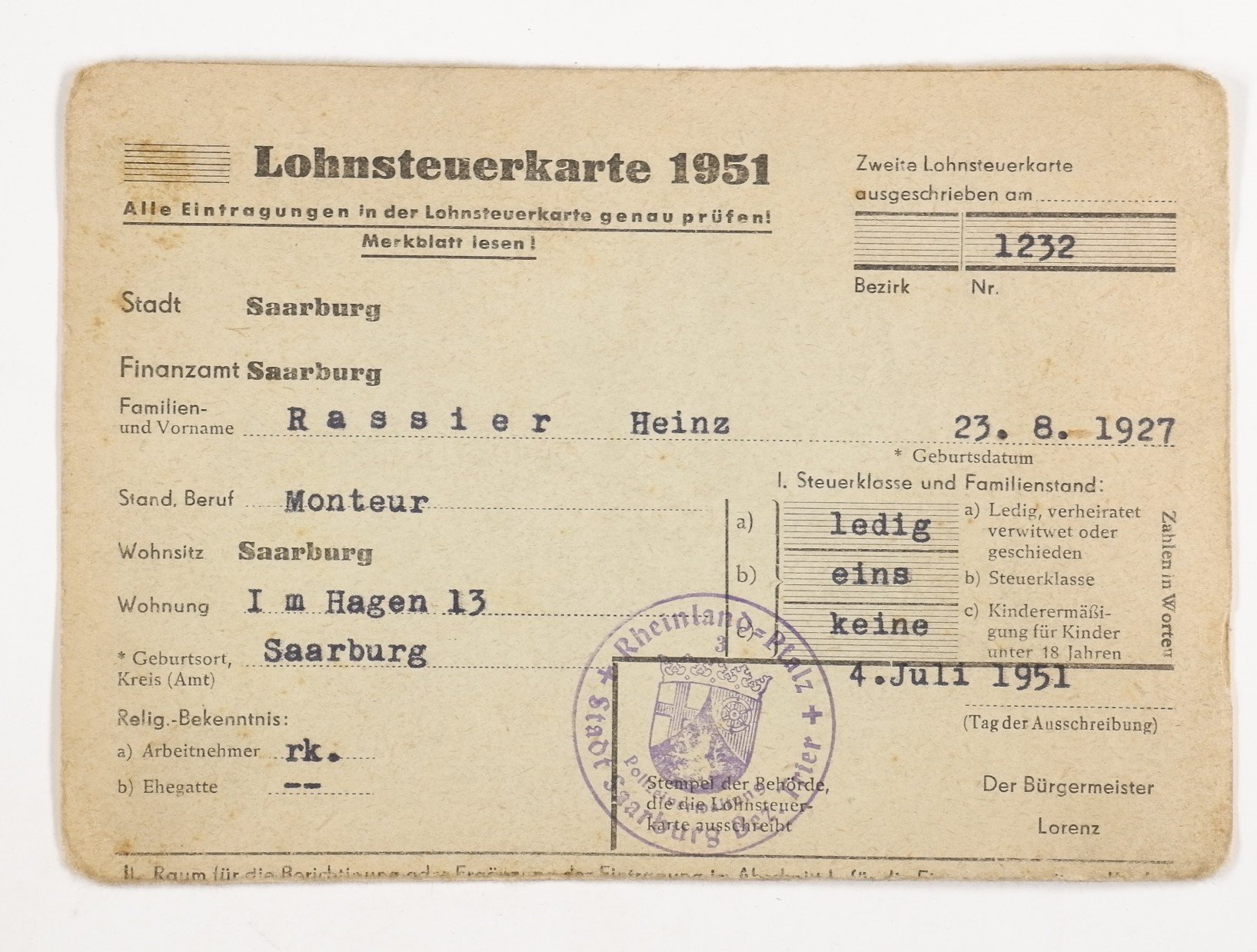 Lohnsteuerkarte: Heinz Rassie (1951) (Volkskunde- und Freilichtmuseum Roscheider Hof CC0)