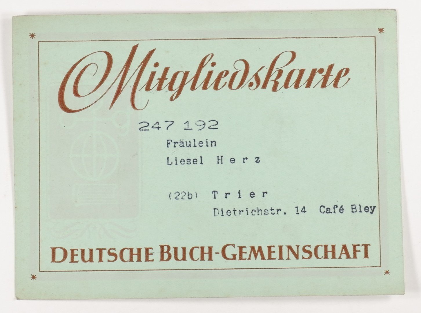 Mitgliedskarte Deutsche Buch-Gemeinschaft: Liesel Herz (Volkskunde- und Freilichtmuseum Roscheider Hof CC0)