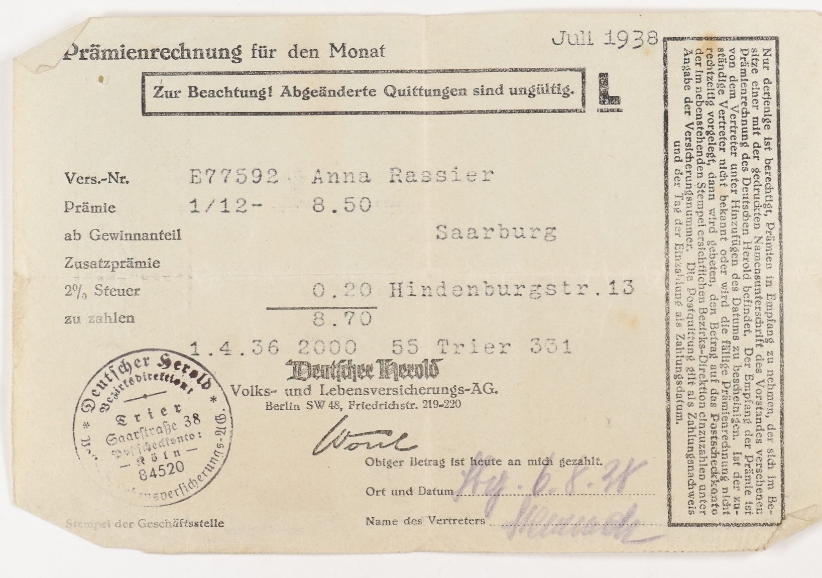 Prämienrechnung der Deutschen Herold Versicherung (1938) (Volkskunde- und Freilichtmuseum Roscheider Hof CC0)