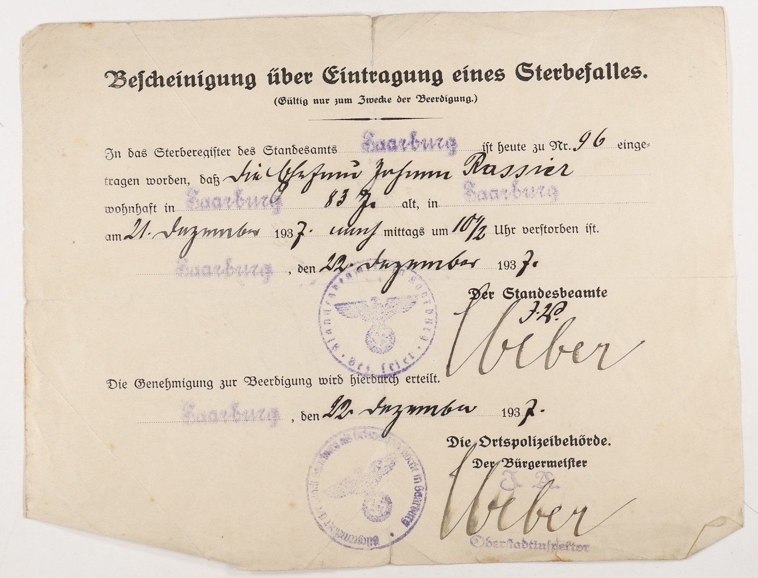 Bescheinigung über Eintragung eines Sterbefalles für die Ehefrau von Johann Rassier (1937) (Volkskunde- und Freilichtmuseum Roscheider Hof CC0)