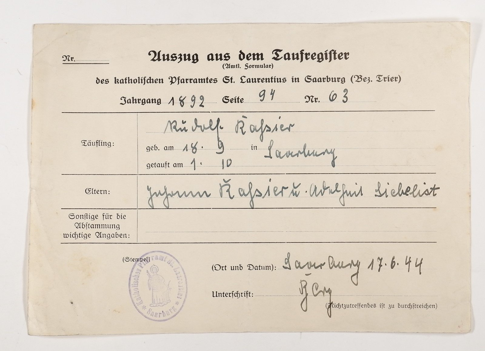 Auszug aus dem Taufregister für Rudolf Rassier (Volkskunde- und Freilichtmuseum Roscheider Hof CC0)