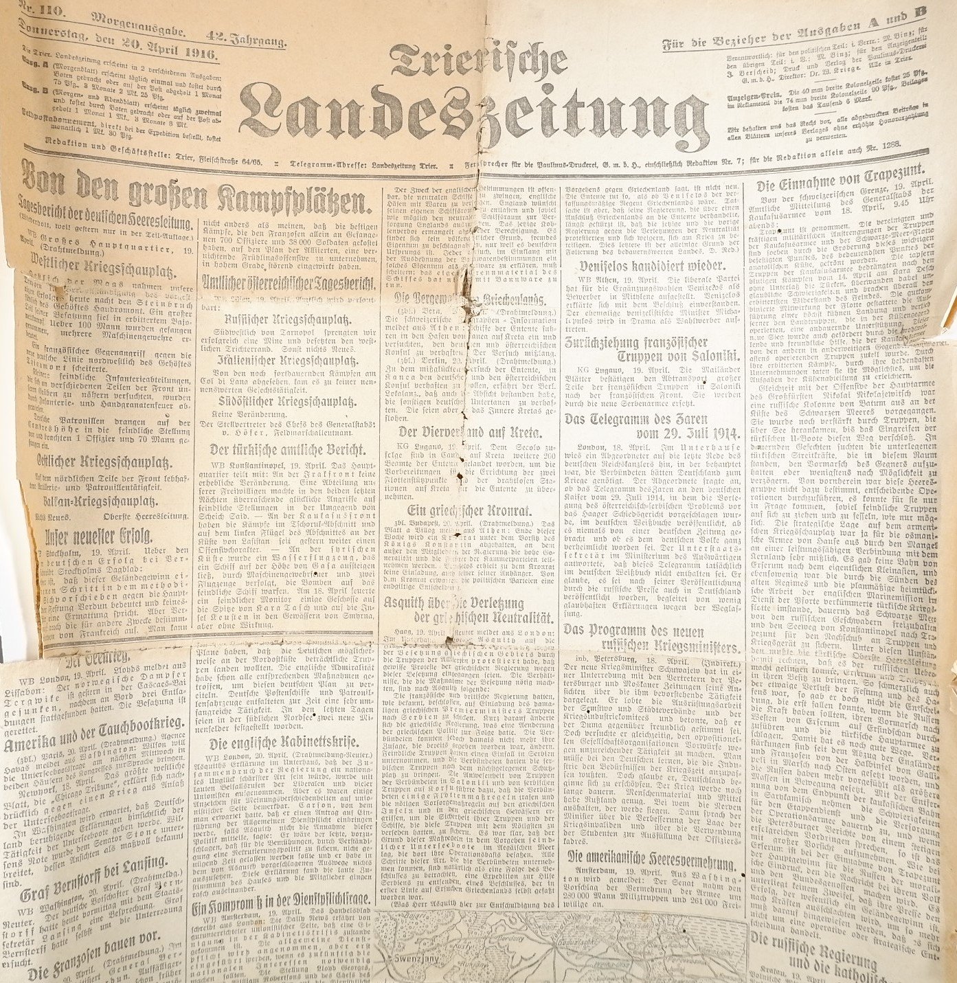 Trierische Landeszeitung 20. April 1916 (Volkskunde- und Freilichtmuseum Roscheider Hof RR-F)