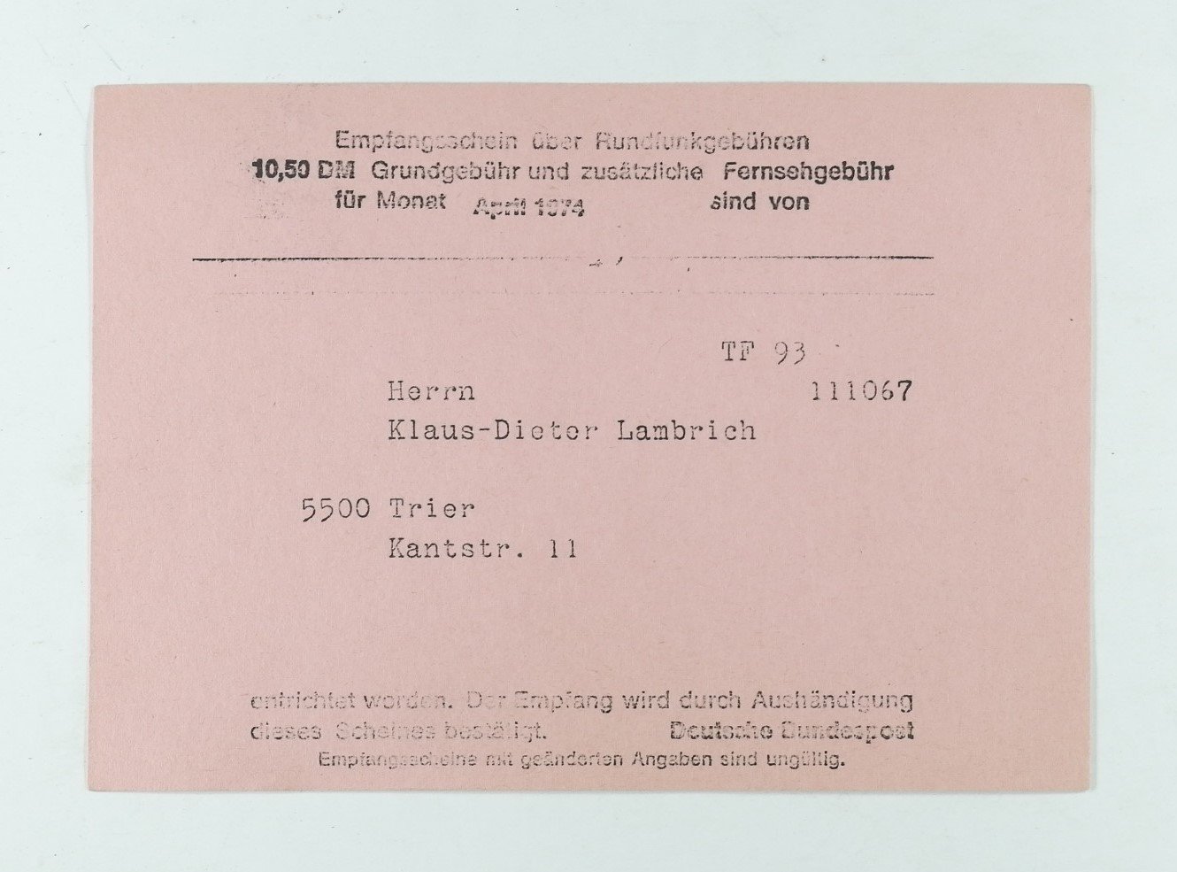 Quittung für Rundfunkgebühren (1974) (Volkskunde- und Freilichtmuseum Roscheider Hof CC0)