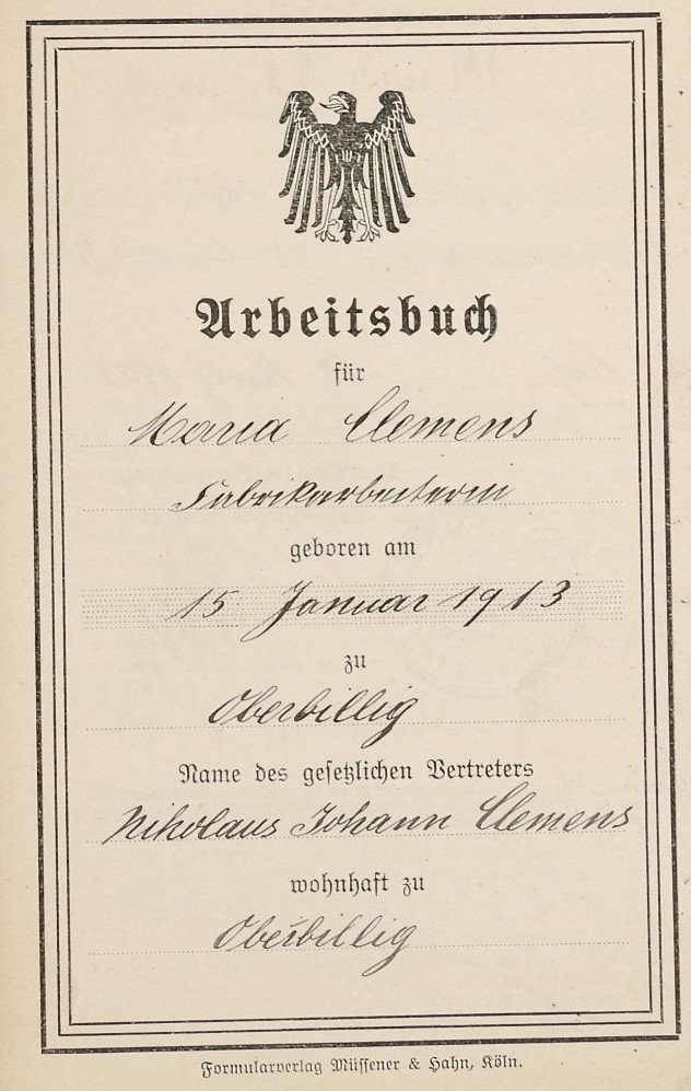 Arbeitsbuch: Maria Clemens (Volkskunde- und Freilichtmuseum Roscheider Hof CC0)