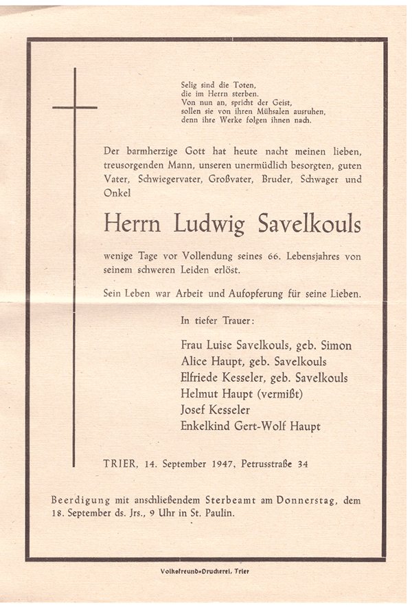 Todesanzeige Herr Ludwig Savelkouls (Volkskunde- und Freilichtmuseum Roscheider Hof CC0)