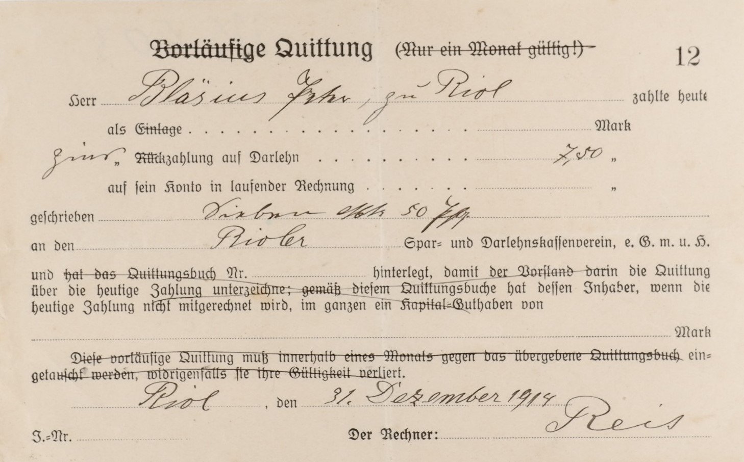 Quittung vom 31. Dezember 1914 (Rioler Spar- und Darlehensverein) (Volkskunde- und Freilichtmuseum Roscheider Hof CC0)