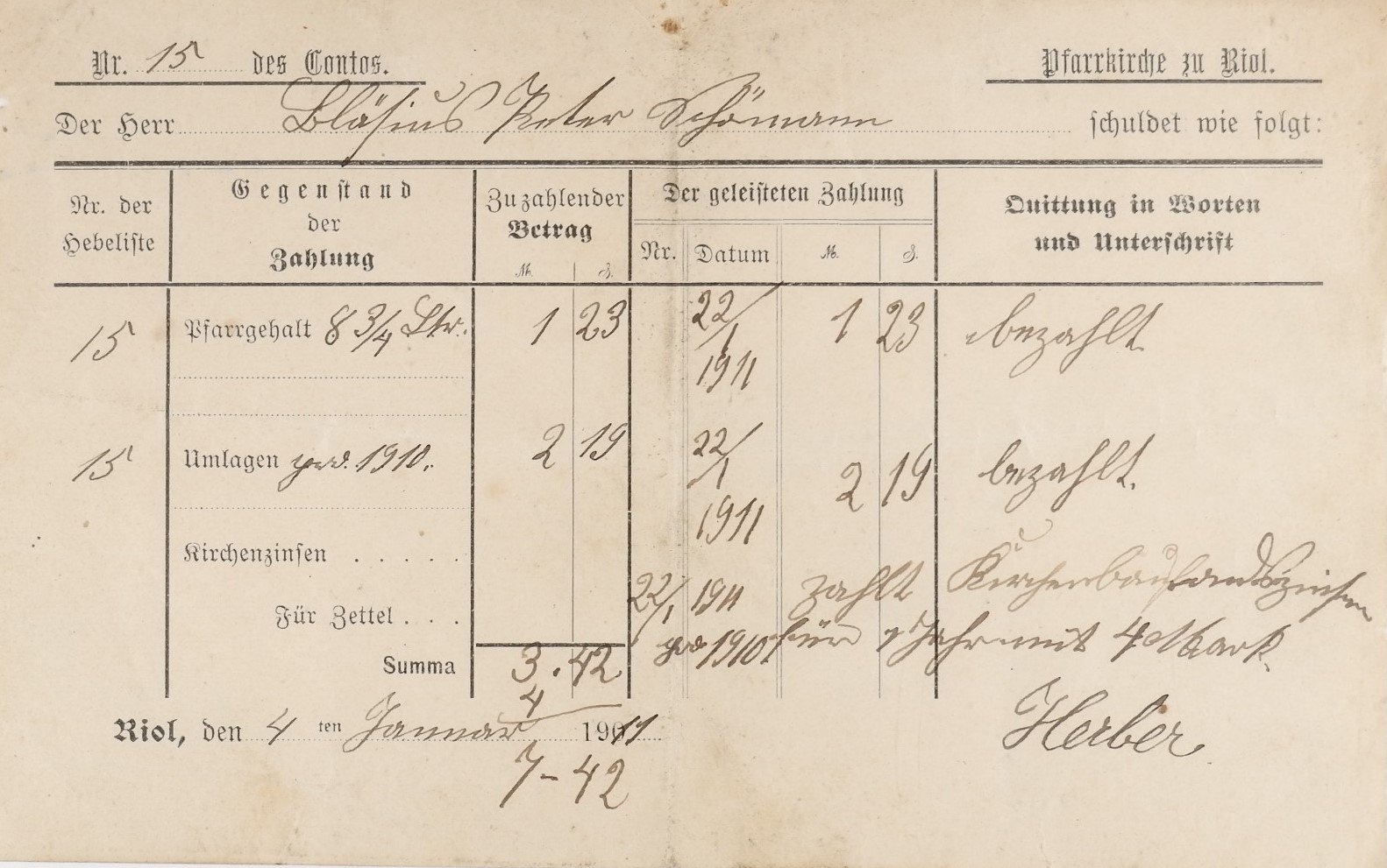 Rechnung vom 4. Januar 1911 (Pfarrkirche zu Riol) (Volkskunde- und Freilichtmuseum Roscheider Hof CC0)