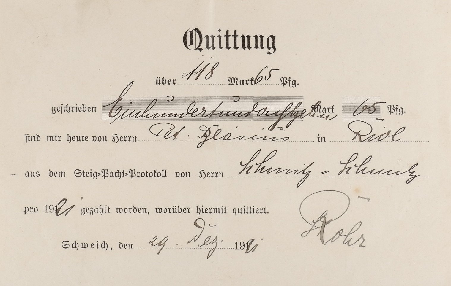 Quittung vom 29. Dezember 1921 (Steig-Pacht-Protokoll) (Volkskunde- und Freilichtmuseum Roscheider Hof CC0)