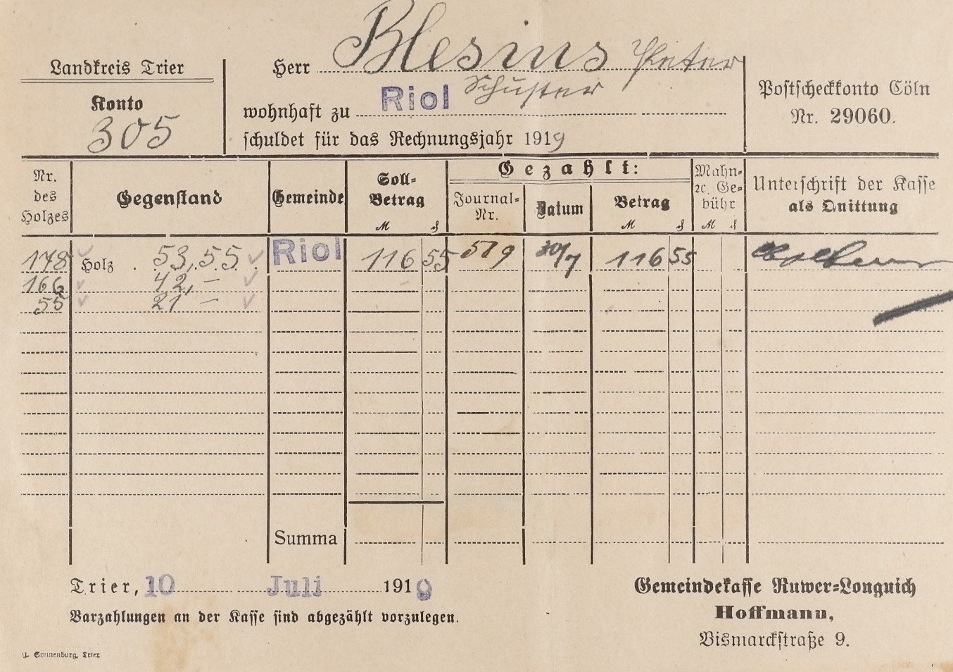 Rechnung vom 10. Juli 1919 (Gemeinde Riol) (Volkskunde- und Freilichtmuseum Roscheider Hof CC0)