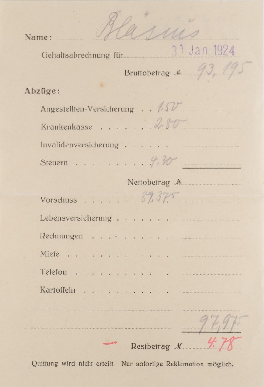 Gehaltsabrechnung vom 31. Januar 1924 (Bläsius) (Volkskunde- und Freilichtmuseum Roscheider Hof CC0)