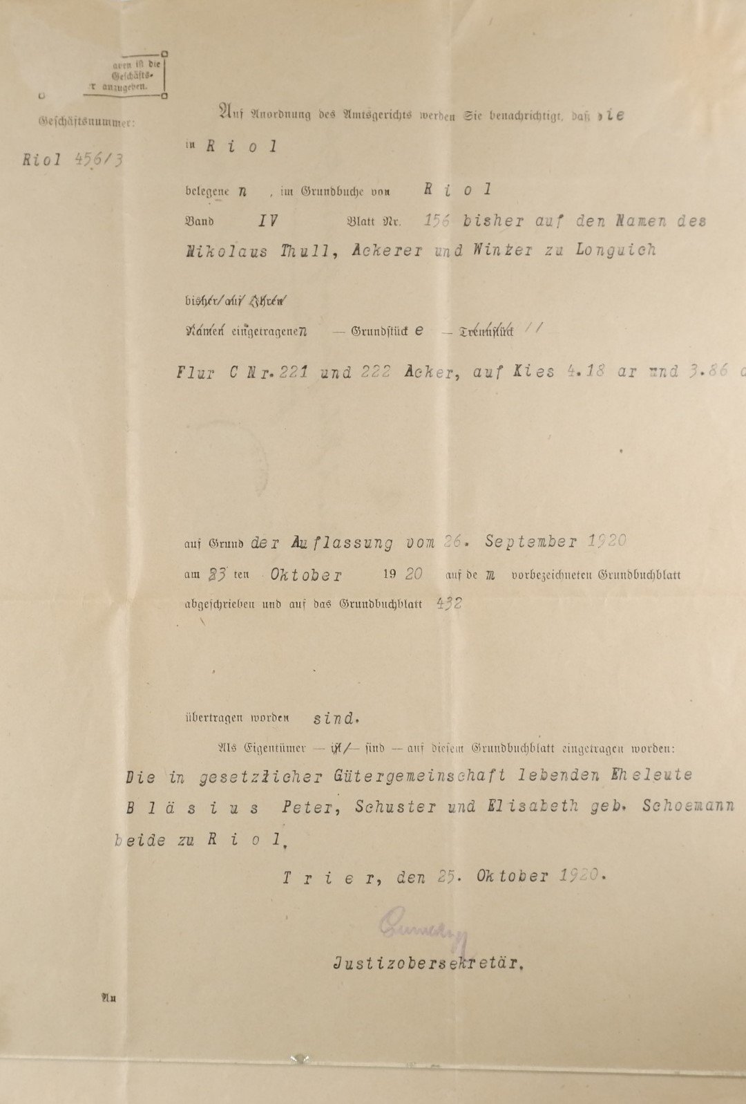 Schreiben des Amtsgericht an Peter Bläsius (25. Oktober 1920) (Volkskunde- und Freilichtmuseum Roscheider Hof CC0)