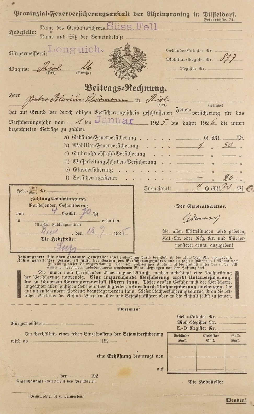 Beitrags-Rechnung der Provinzial-Feuerversicherungsanstalt (18. September 1925) (Volkskunde- und Freilichtmuseum Roscheider Hof CC0)