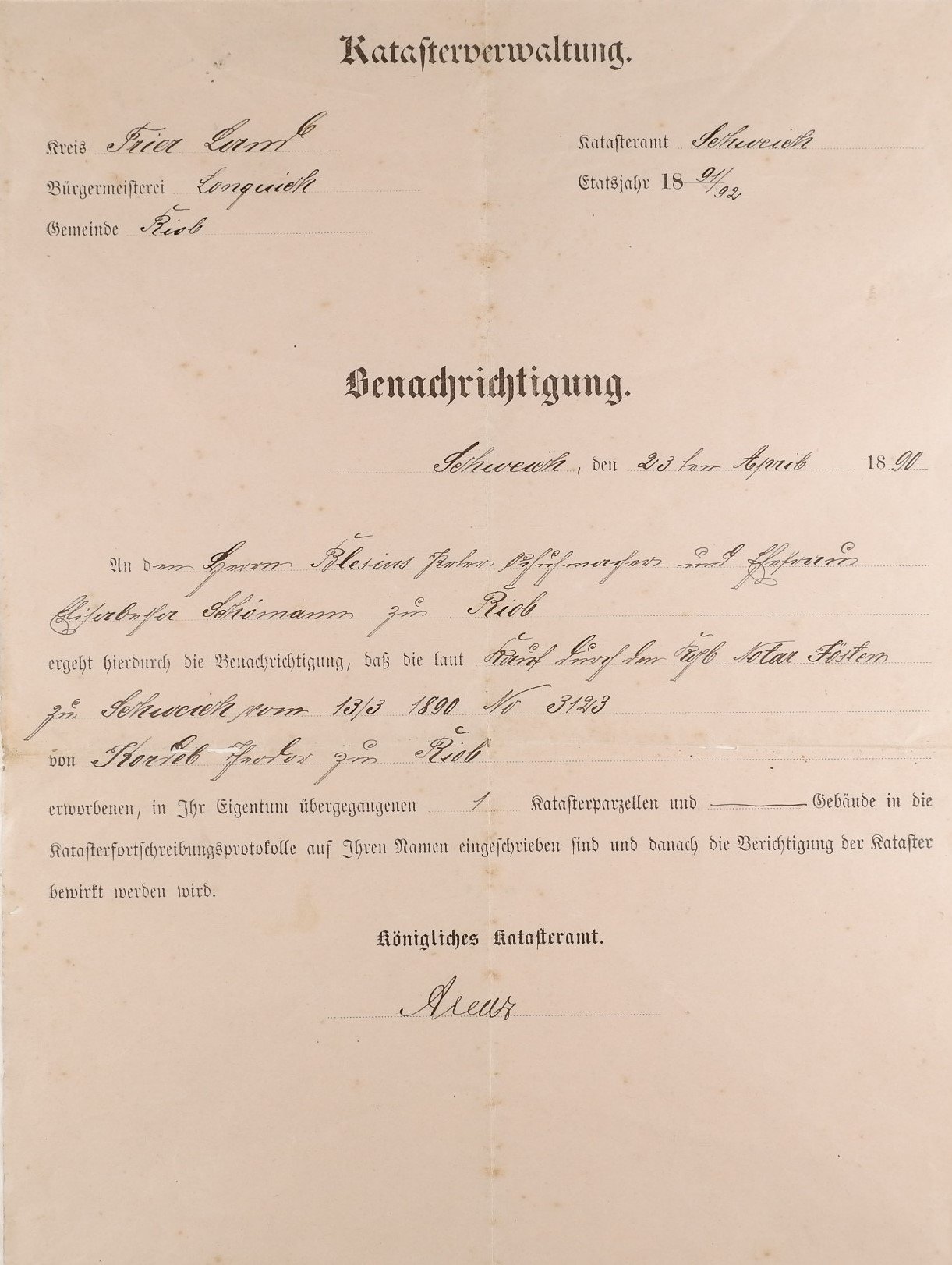 Schreiben der Katastarverwaltung (23. April 1890) (Volkskunde- und Freilichtmuseum Roscheider Hof CC0)
