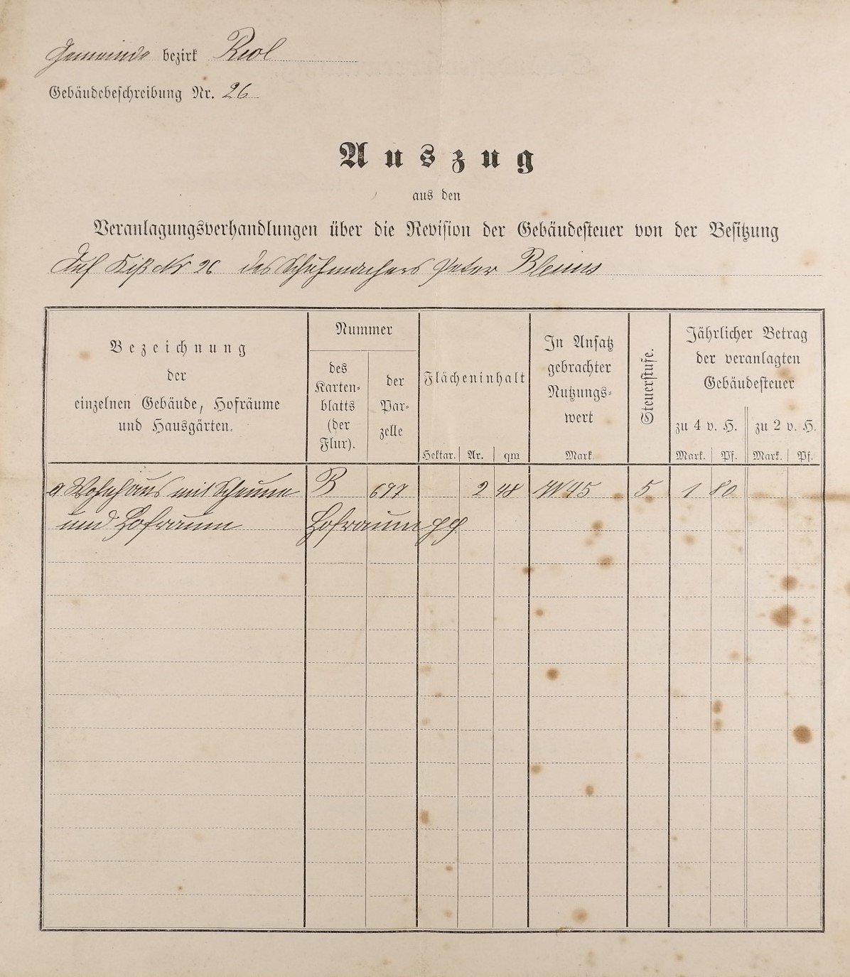 Schreiben der Gebäudesteuerverwaltung an Peter Bläsius (14.November 1901) (Volkskunde- und Freilichtmuseum Roscheider Hof CC0)