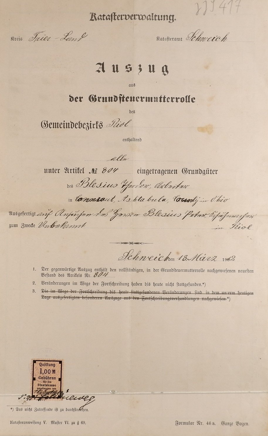 Auszug aus dem Grundverzeichnis des Katasteramtes Schweich (18. März 1912) (Volkskunde- und Freilichtmuseum Roscheider Hof CC0)