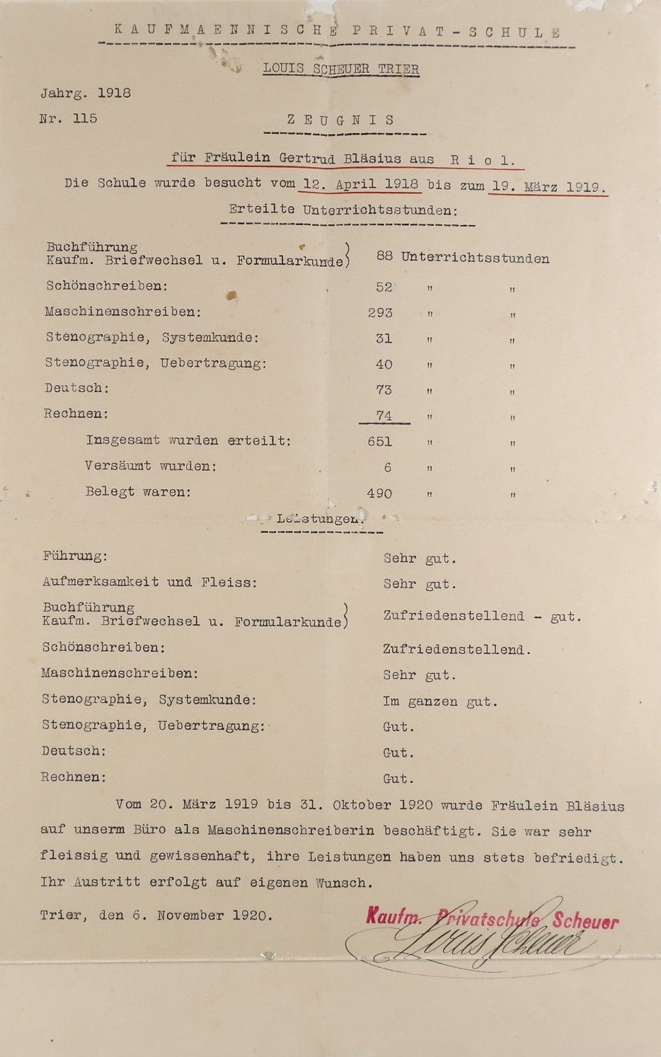Abschlusszeugnis der Kaufmännischen Privatschule Scheuer (Gertrud Bläsius) (Volkskunde- und Freilichtmuseum Roscheider Hof CC0)