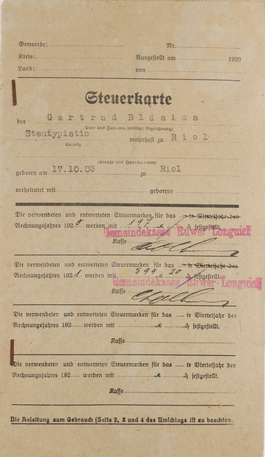 Steuerkarte: Gertrud Bläsius (Volkskunde- und Freilichtmuseum Roscheider Hof CC0)