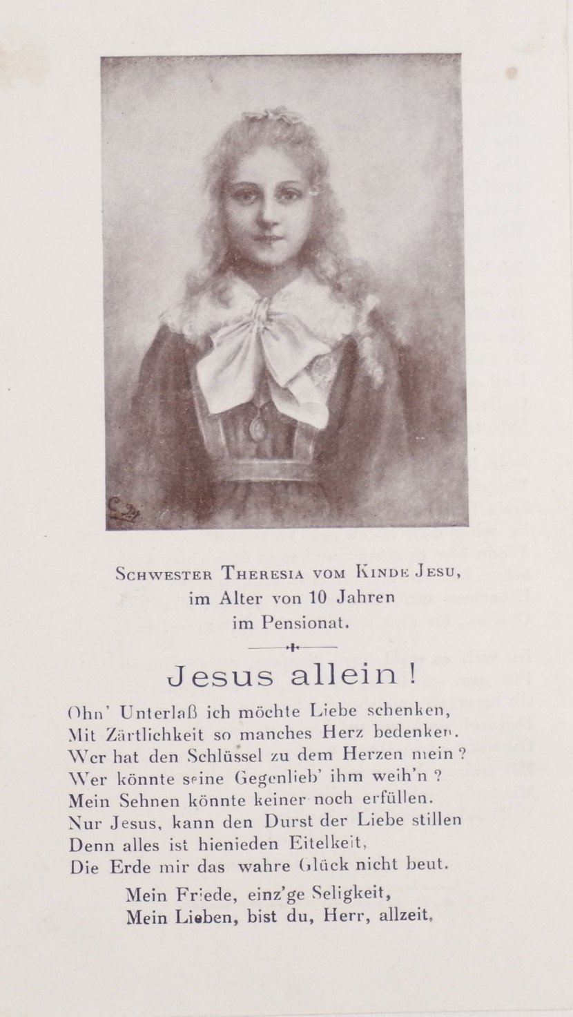 Religiöses Kärtchen: „Schwester Theresia vom Kinde Jesu im Alter von 10 Jahren im Pensionat“ (Volkskunde- und Freilichtmuseum Roscheider Hof RR-F)