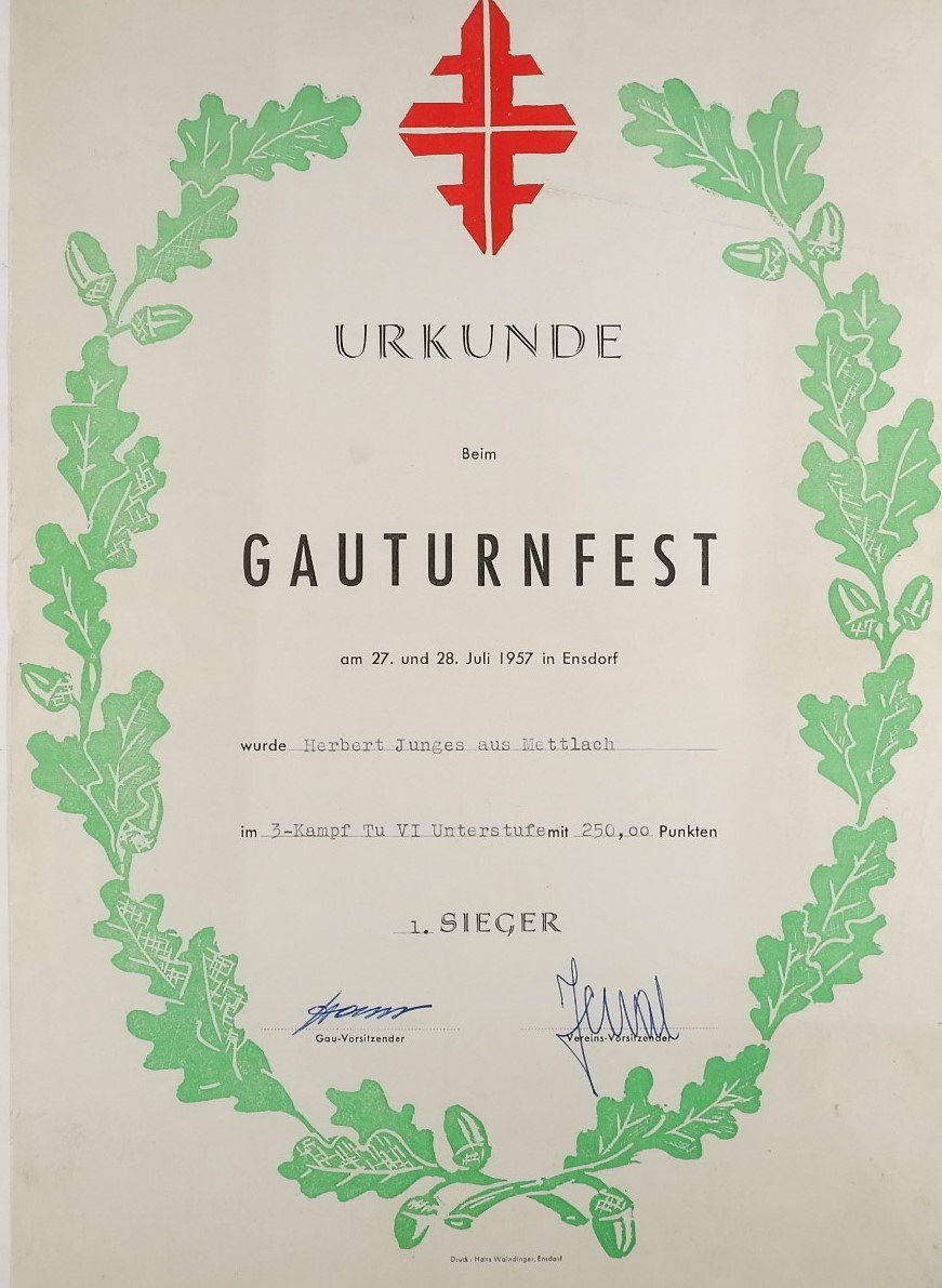 Urkunde: Gauturnfest 1957 (Herbert Junges) (Volkskunde- und Freilichtmuseum Roscheider Hof CC0)