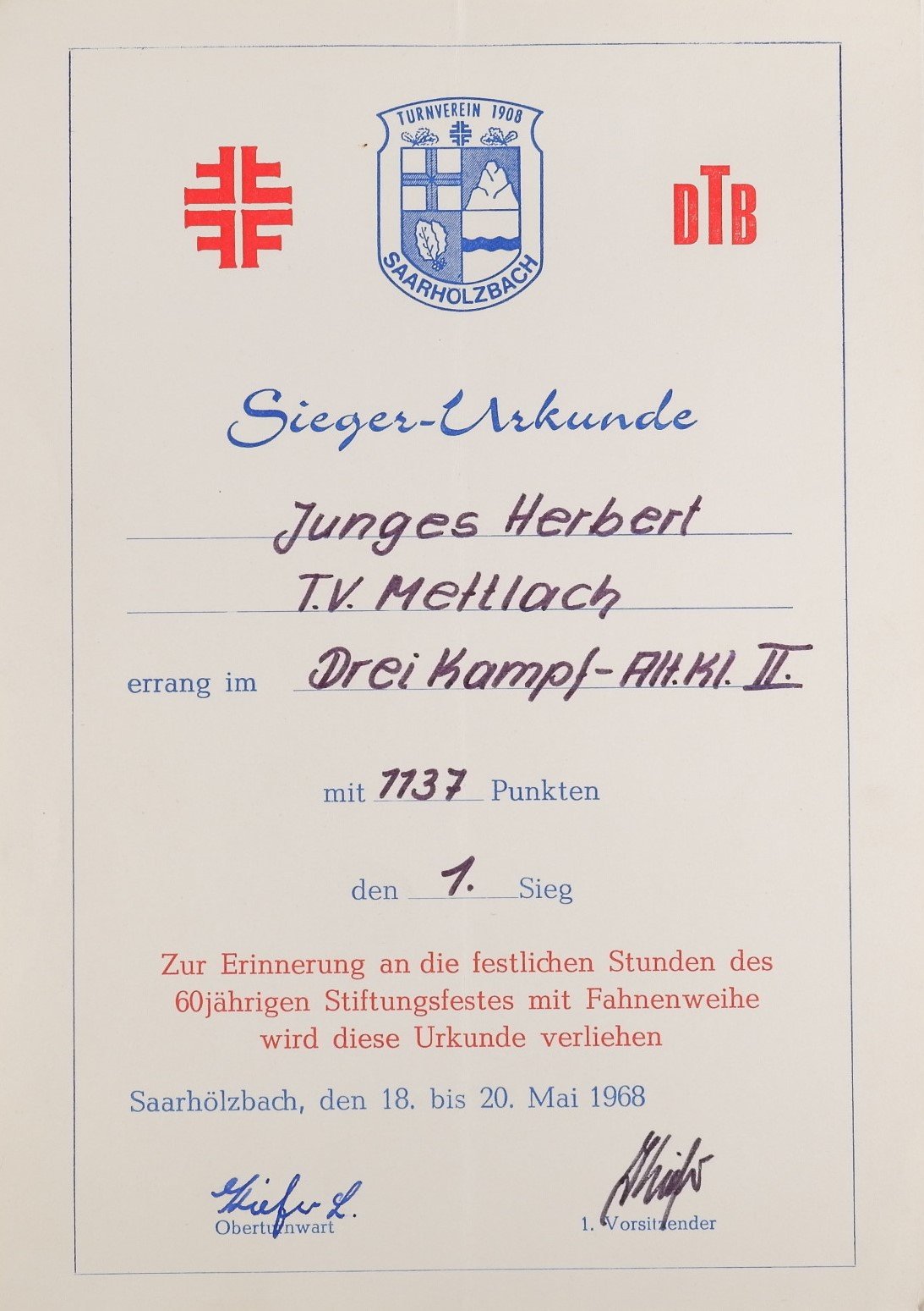 Siegerurkunde: Dreikampf 1968 (Herbert Junges) (Volkskunde- und Freilichtmuseum Roscheider Hof CC0)
