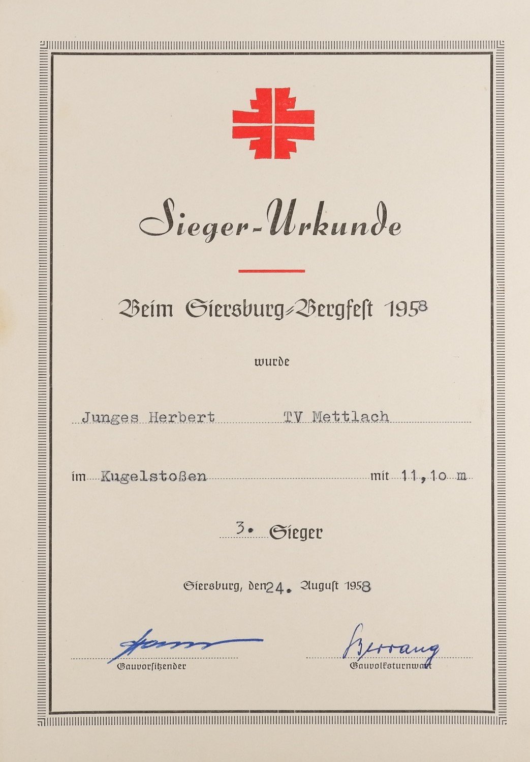 Siegerurkunde: Kugelstoßen 1958 (Herbert Junges) (Volkskunde- und Freilichtmuseum Roscheider Hof CC0)