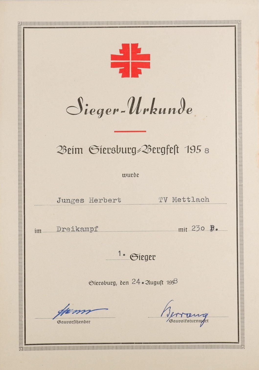 Siegerurkunde: Dreikampf 1958 (Herbert Junges) (Volkskunde- und Freilichtmuseum Roscheider Hof CC0)