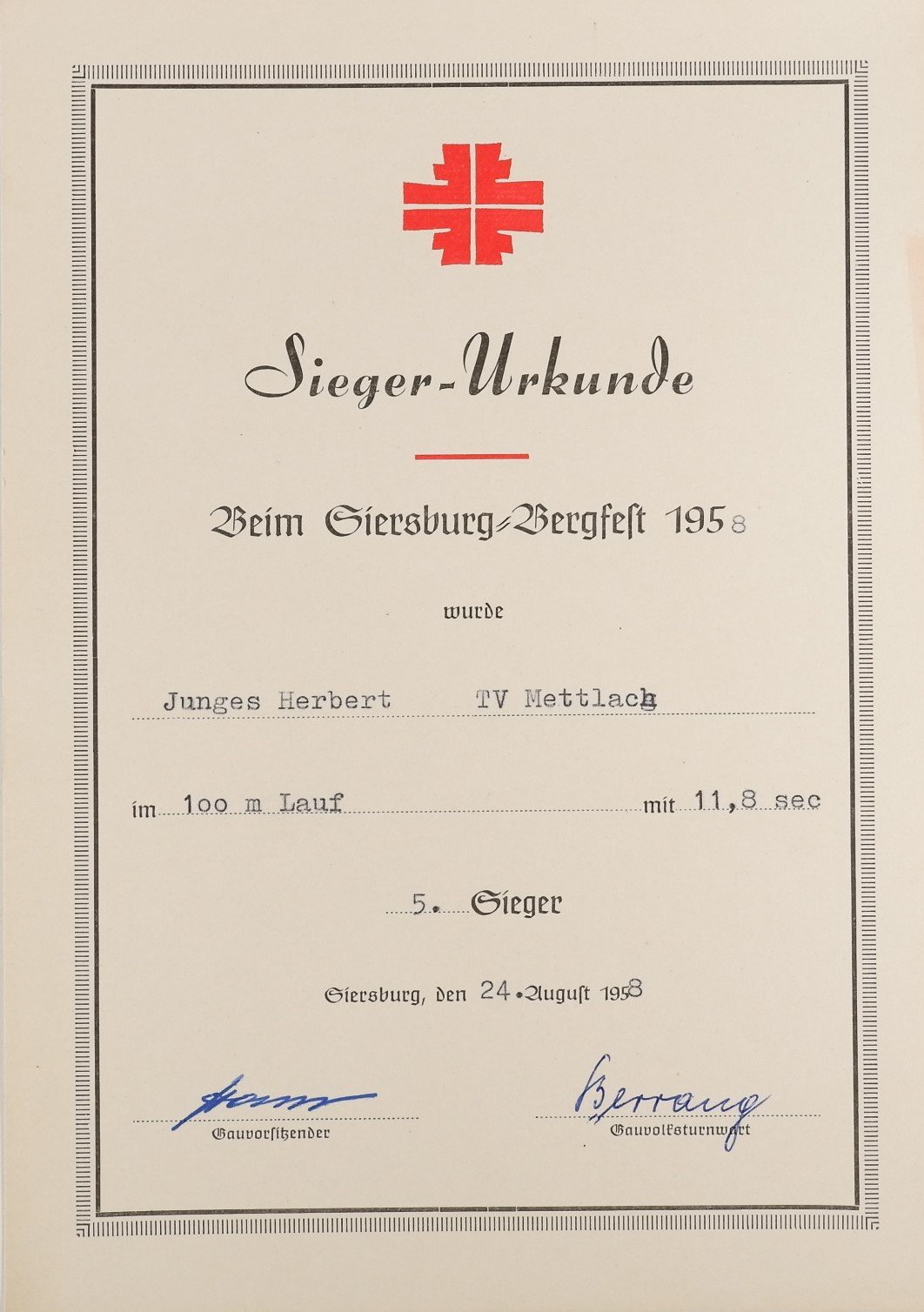 Siegerurkunde: 100m-Lauf 1958 (Herbert Junges) (Volkskunde- und Freilichtmuseum Roscheider Hof CC0)