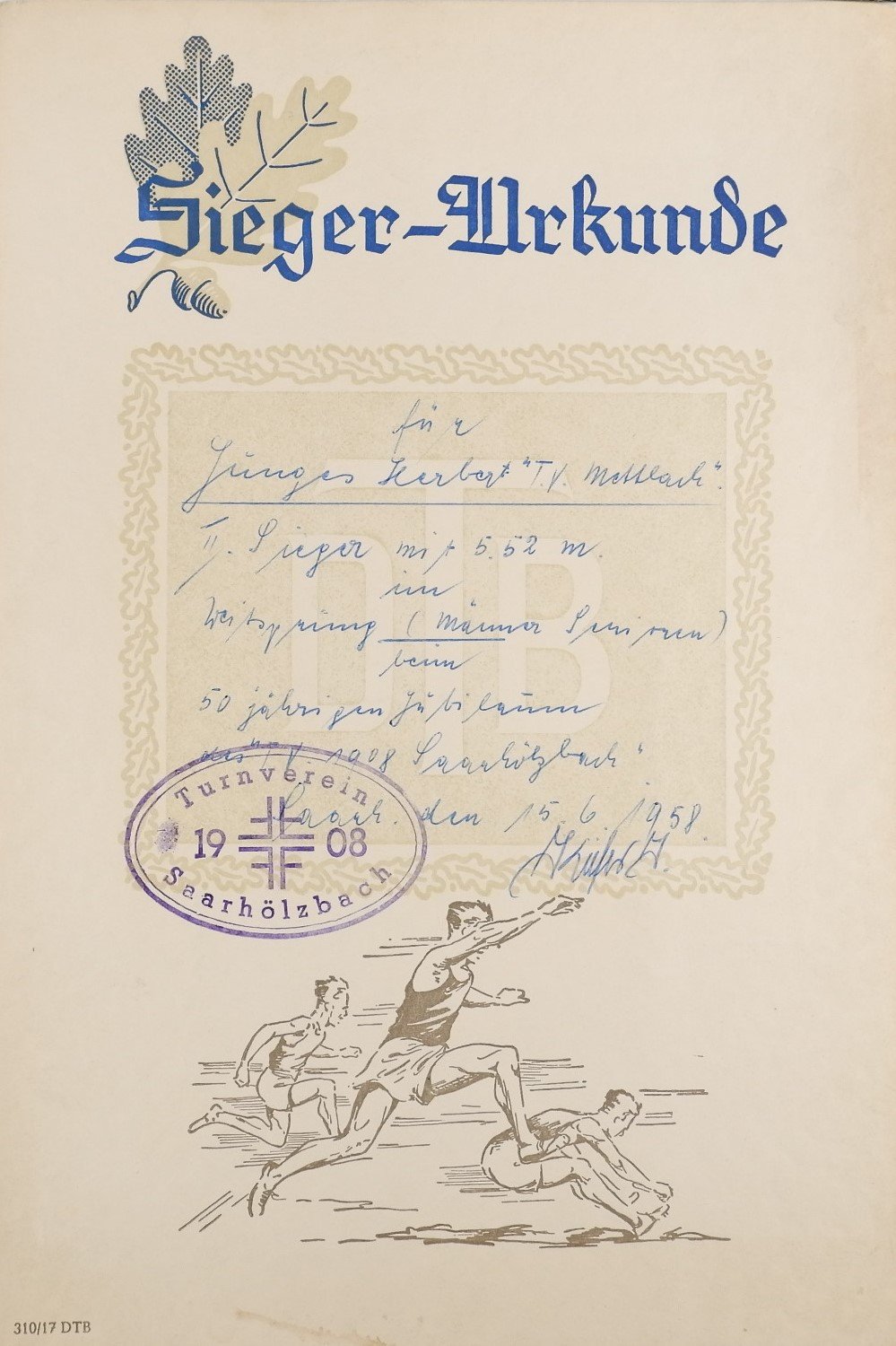 Siegerurkunde: Weitsprung 1958 (Herbert Junges) (Volkskunde- und Freilichtmuseum Roscheider Hof CC0)