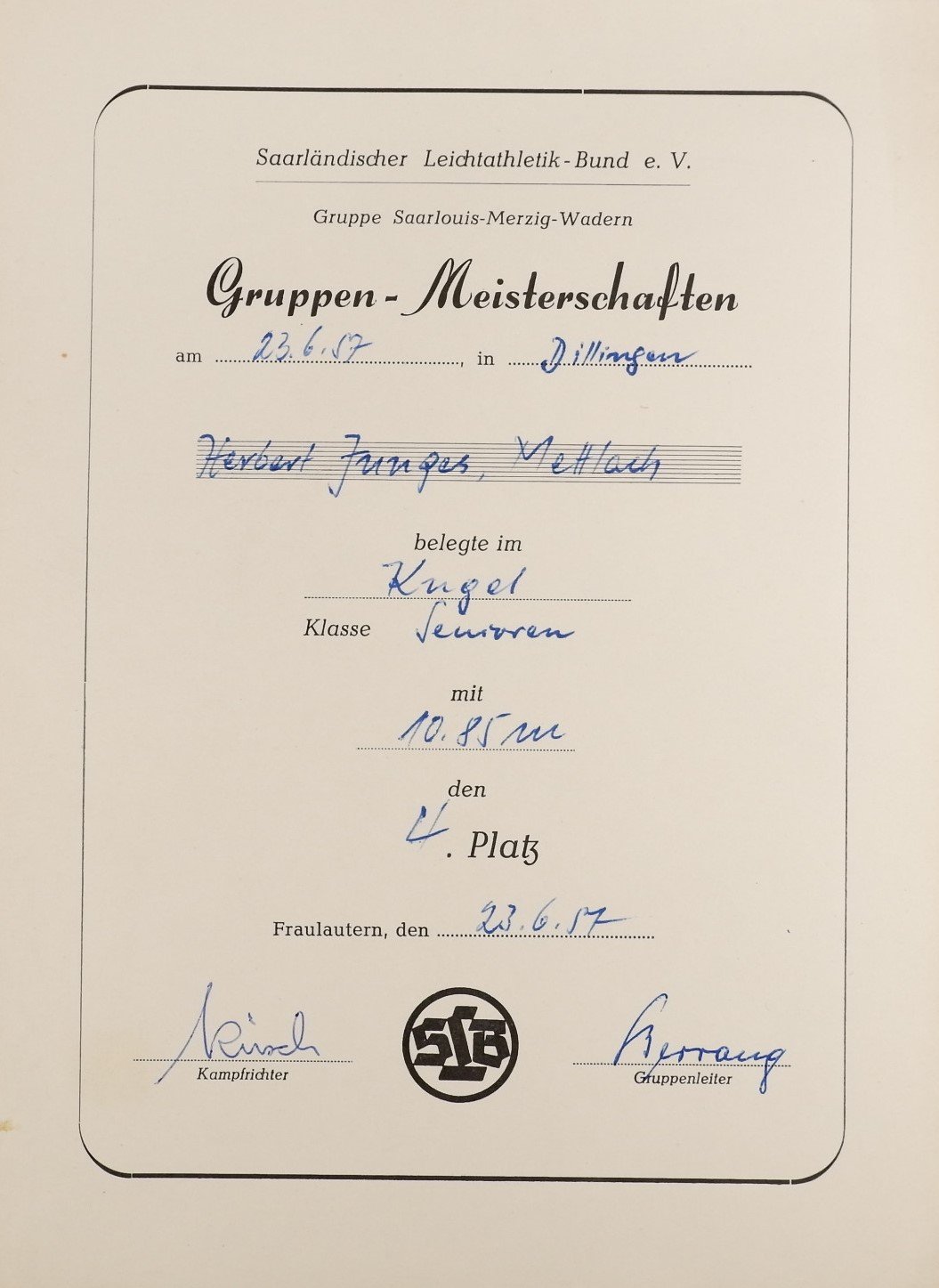Urkunde: Kugelstoßen 1957 (Herbert Junges) (Volkskunde- und Freilichtmuseum Roscheider Hof CC0)